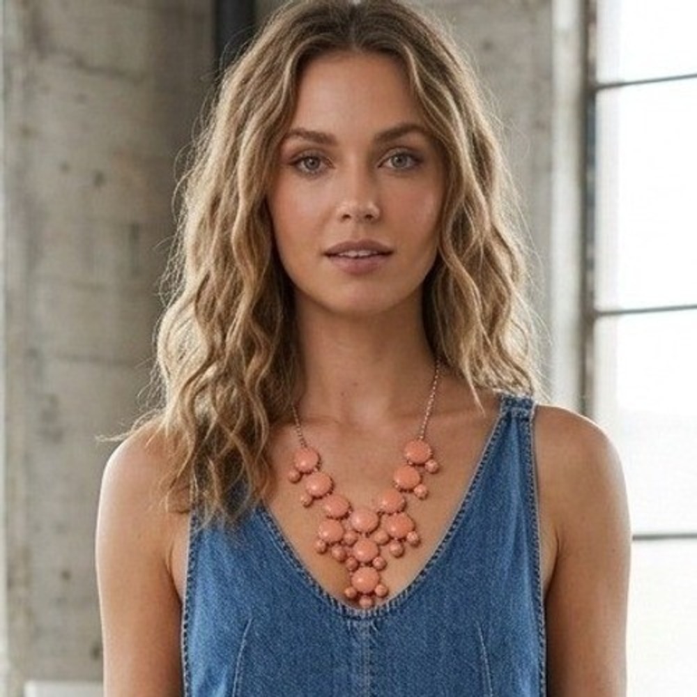 Bib Necklace Statement Chunky Boho Retro Peach Coral Cabochon Maximalist Bold